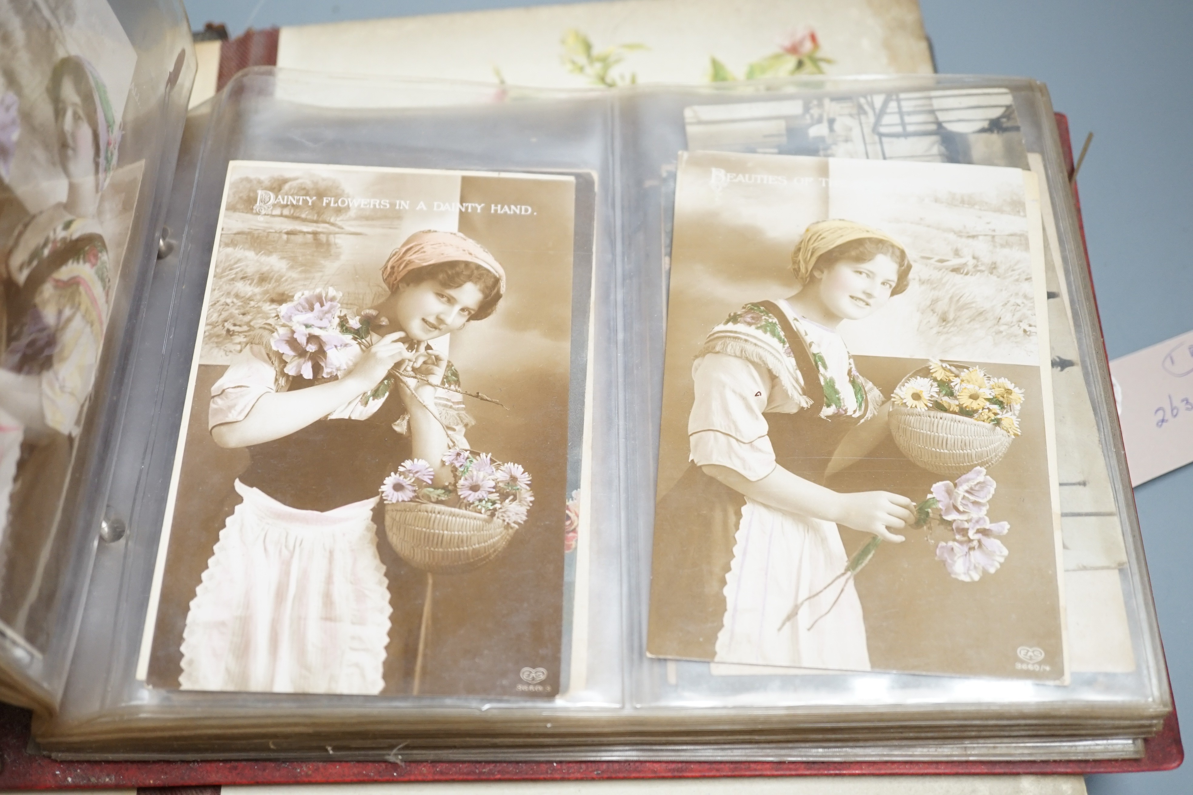 An early 20th century postcard collection in two albums and an empty late Victorian leather photo album